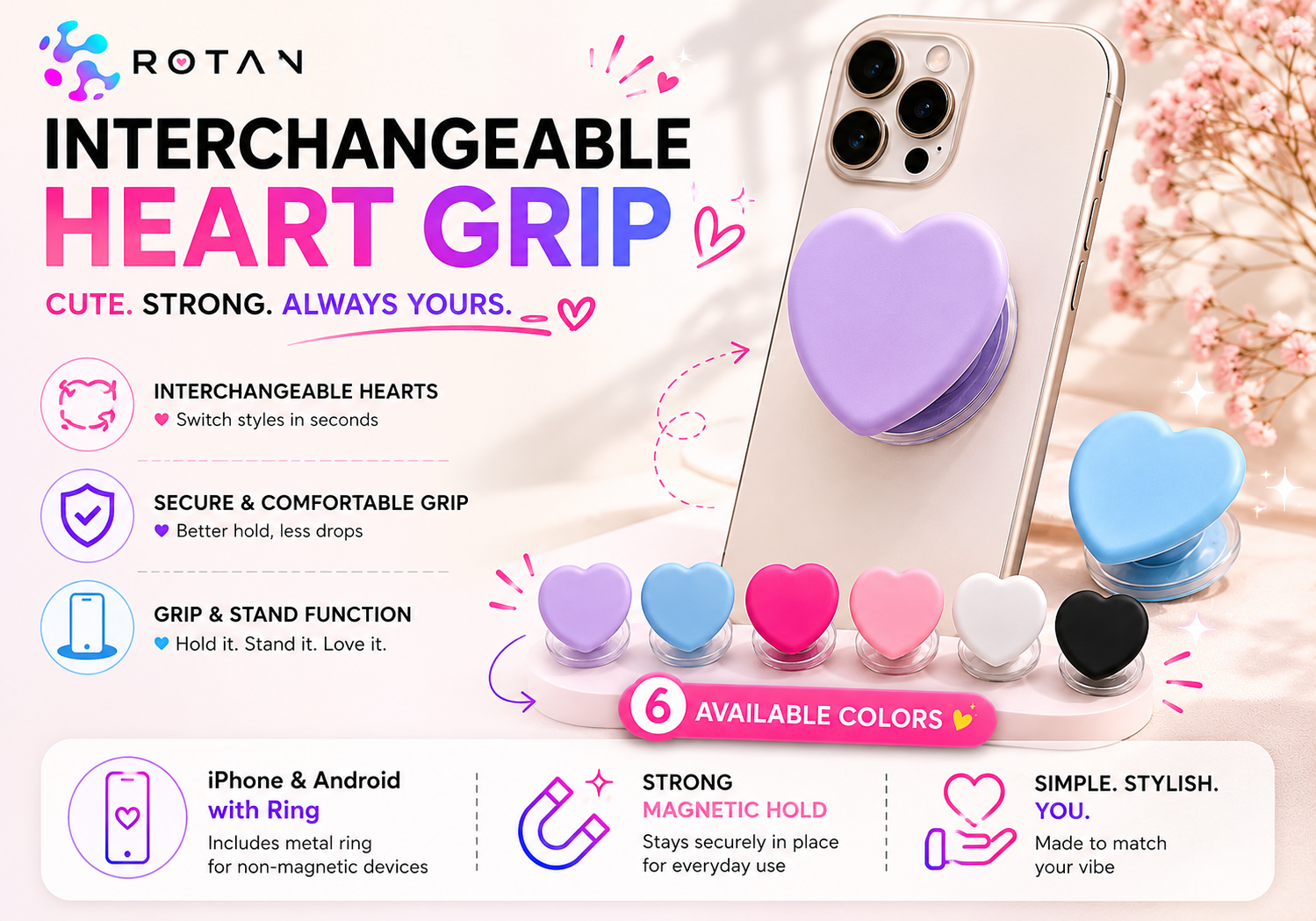ROTAN Heart MagSafe Phone Grip | Cute Magnetic Phone Grip - Blush Pink