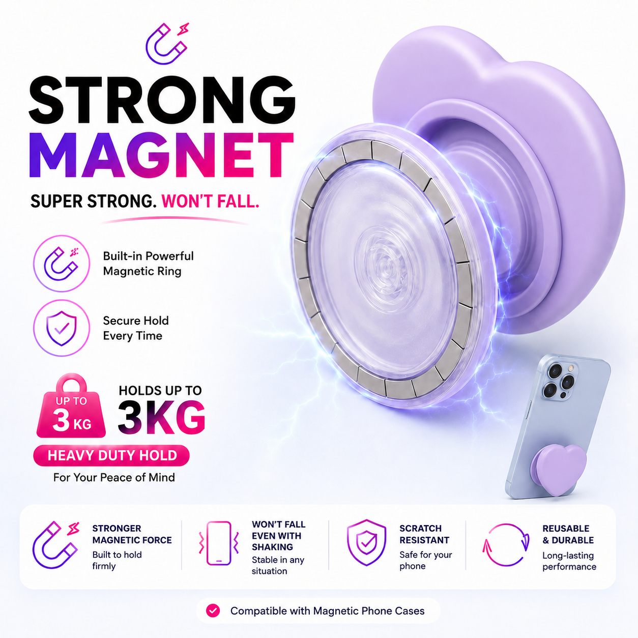 ROTAN Heart MagSafe Phone Grip | Cute Magnetic Phone Grip - Lavender
