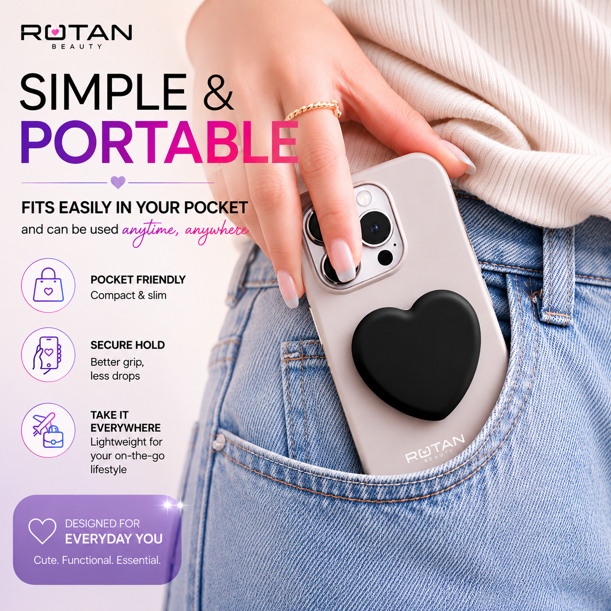 ROTAN Heart MagSafe Phone Grip | Cute Magnetic Phone Grip - Black