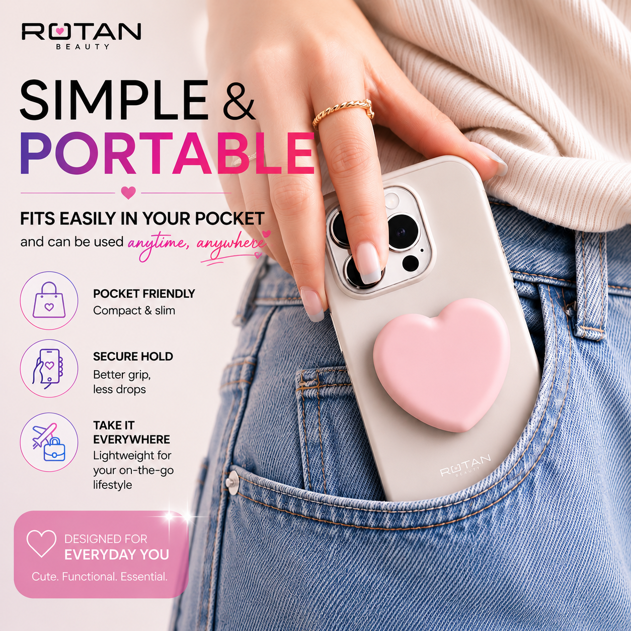 ROTAN Heart MagSafe Phone Grip | Cute Magnetic Phone Grip - Blush Pink