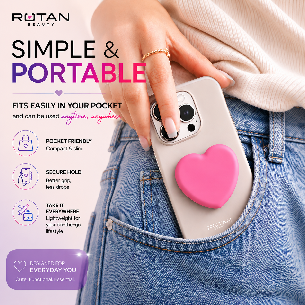 ROTAN Heart MagSafe Phone Grip | Cute Magnetic Phone Grip - Hot Pink