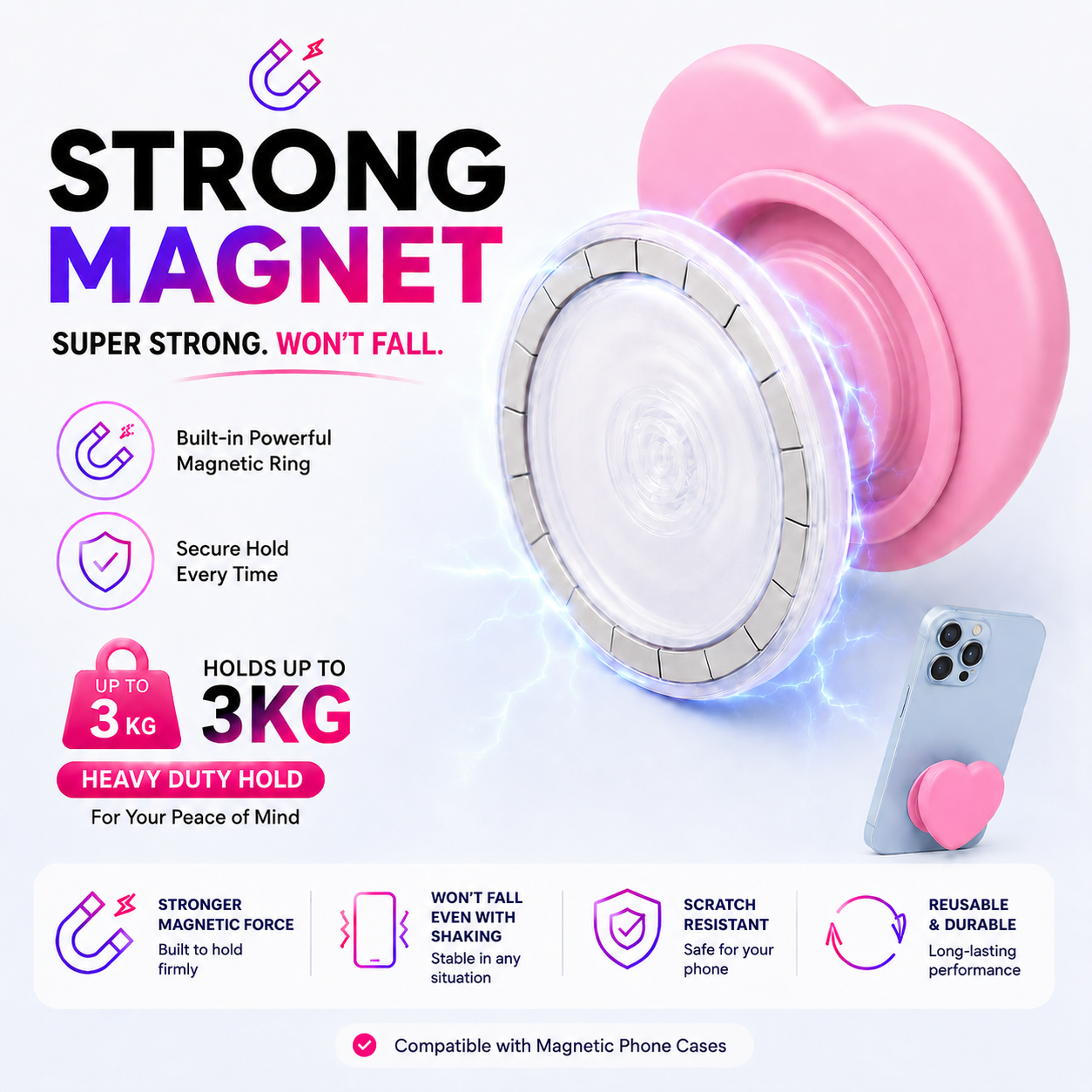 ROTAN Heart MagSafe Phone Grip | Cute Magnetic Phone Grip - Hot Pink