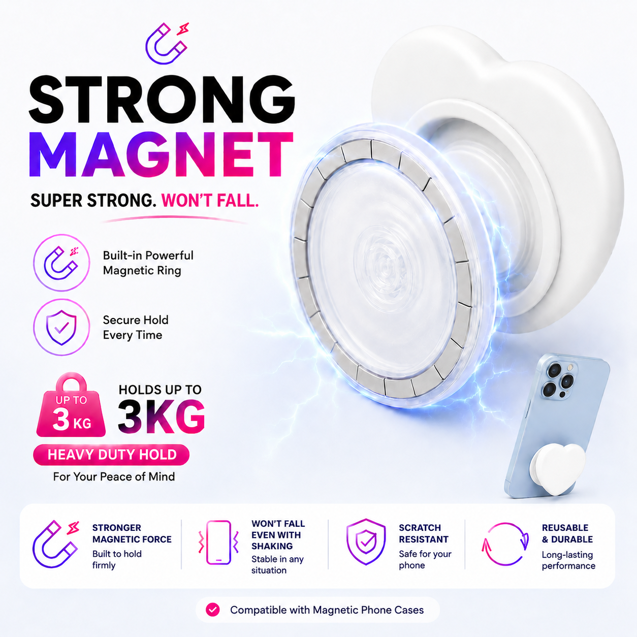 ROTAN Heart MagSafe Phone Grip | Cute Magnetic Phone Grip - Polar White