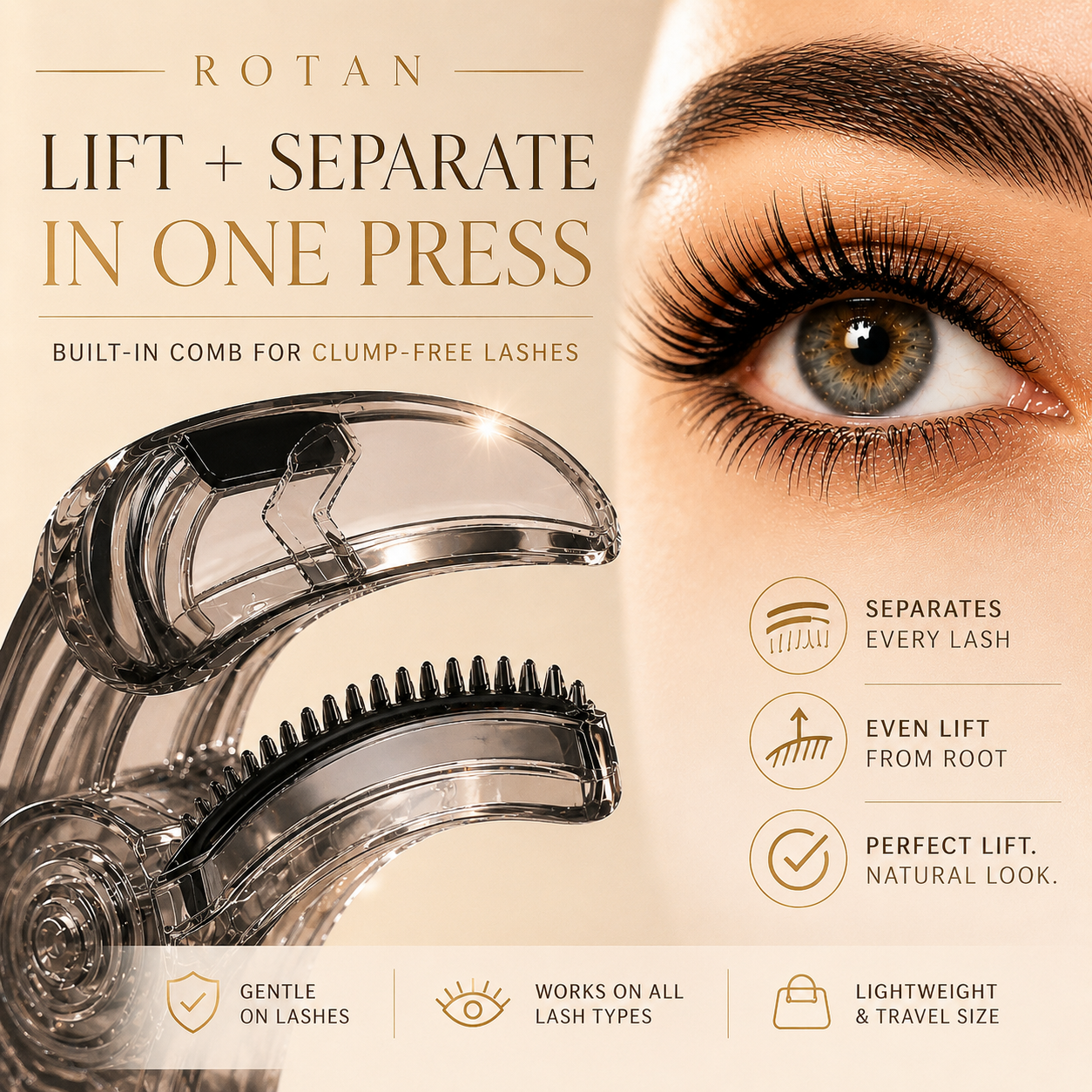 ROTAN PRO Eyelash Curler with Built-In Comb