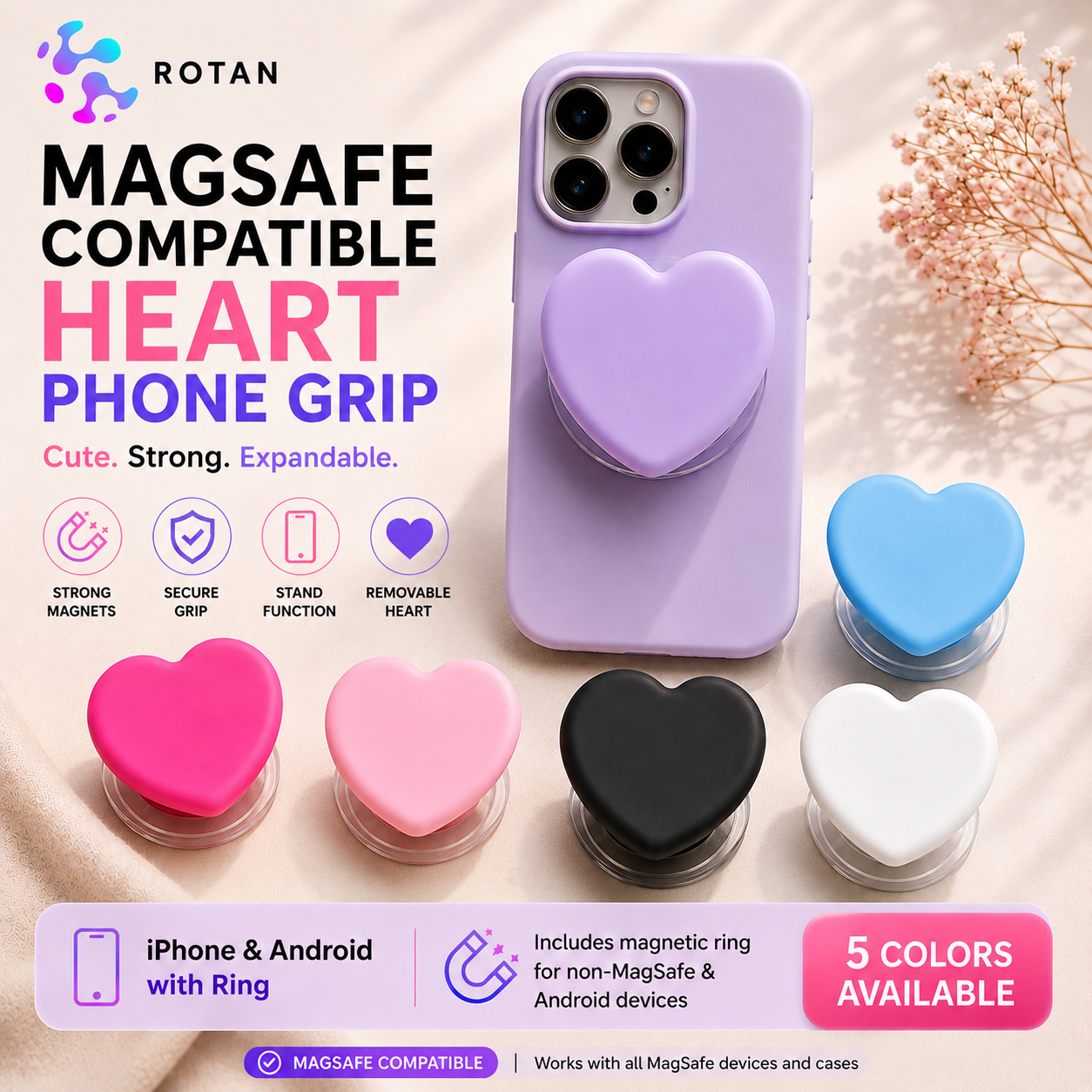 ROTAN Heart MagSafe Phone Grip | Cute Magnetic Phone Grip - Polar White