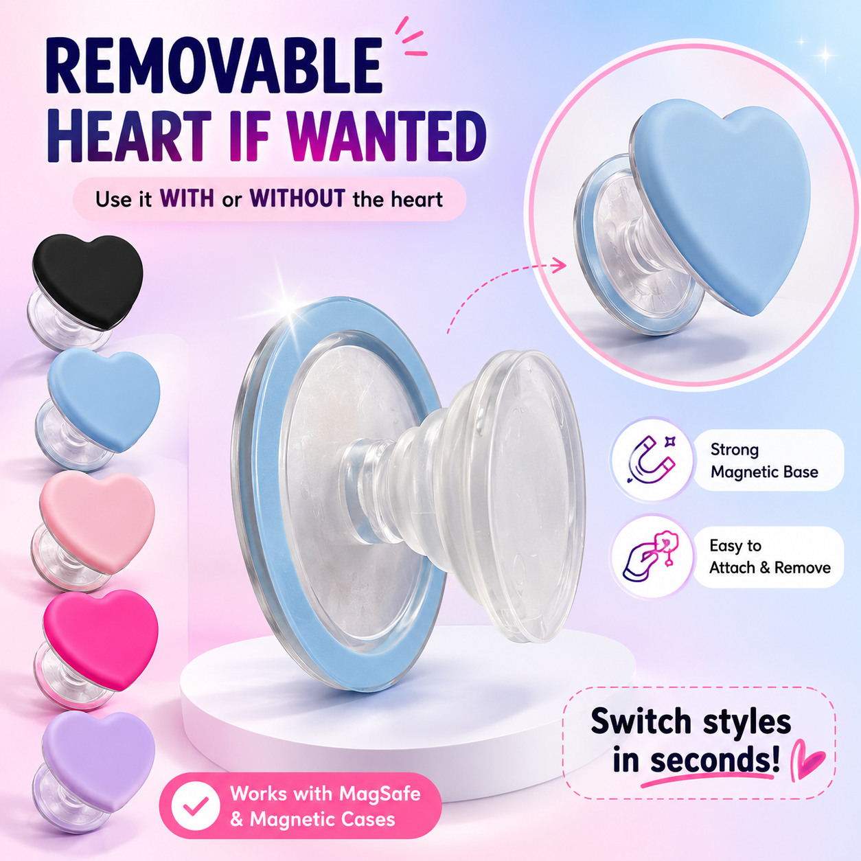 ROTAN Heart MagSafe Phone Grip | Cute Magnetic Phone Grip - Black