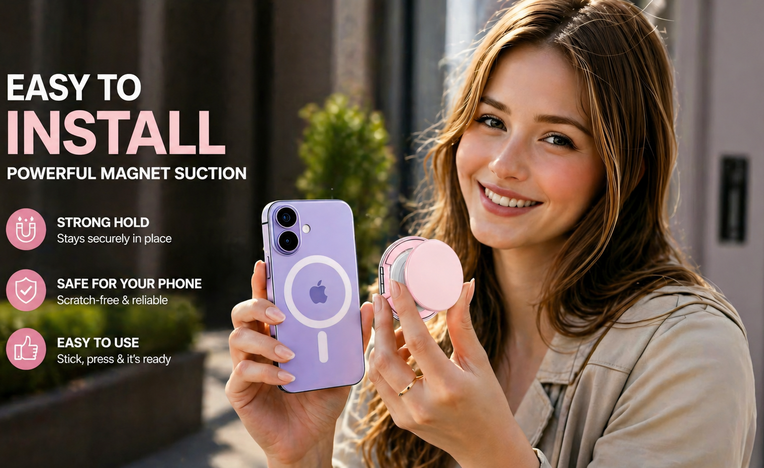 ROTAN MagSafe Magnetic Phone Grip | Secure One-Handed Hold - Blush Pink